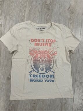 Lucky Brand Cream Graphic Journey Tee with Pink Print and Rhinestones